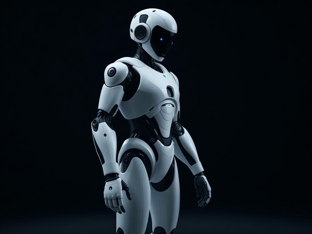 White humanoid robot standing in a dark studio