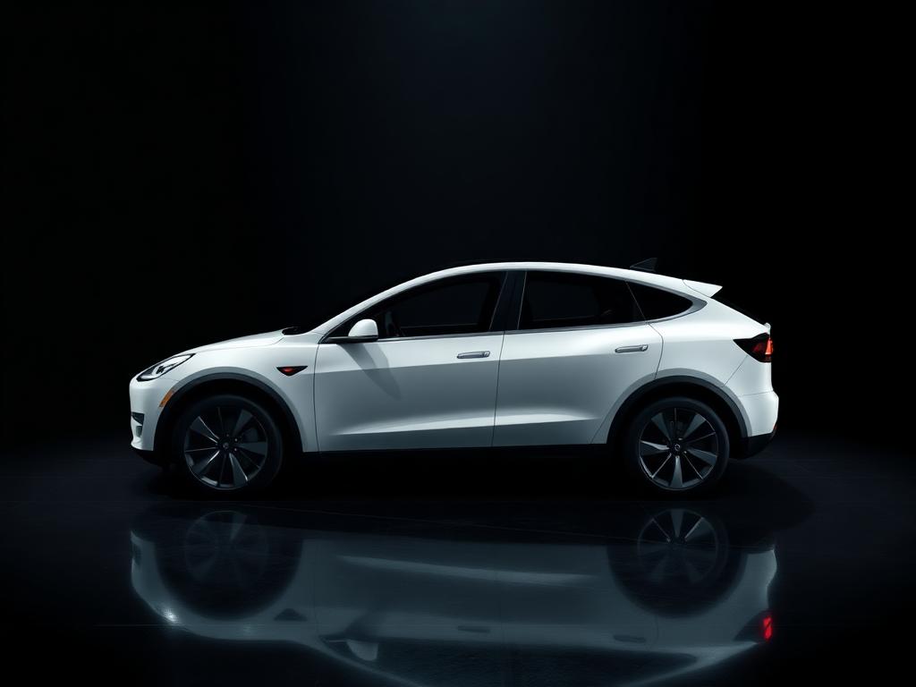 White Tesla Model Y electric SUV in a dark studio